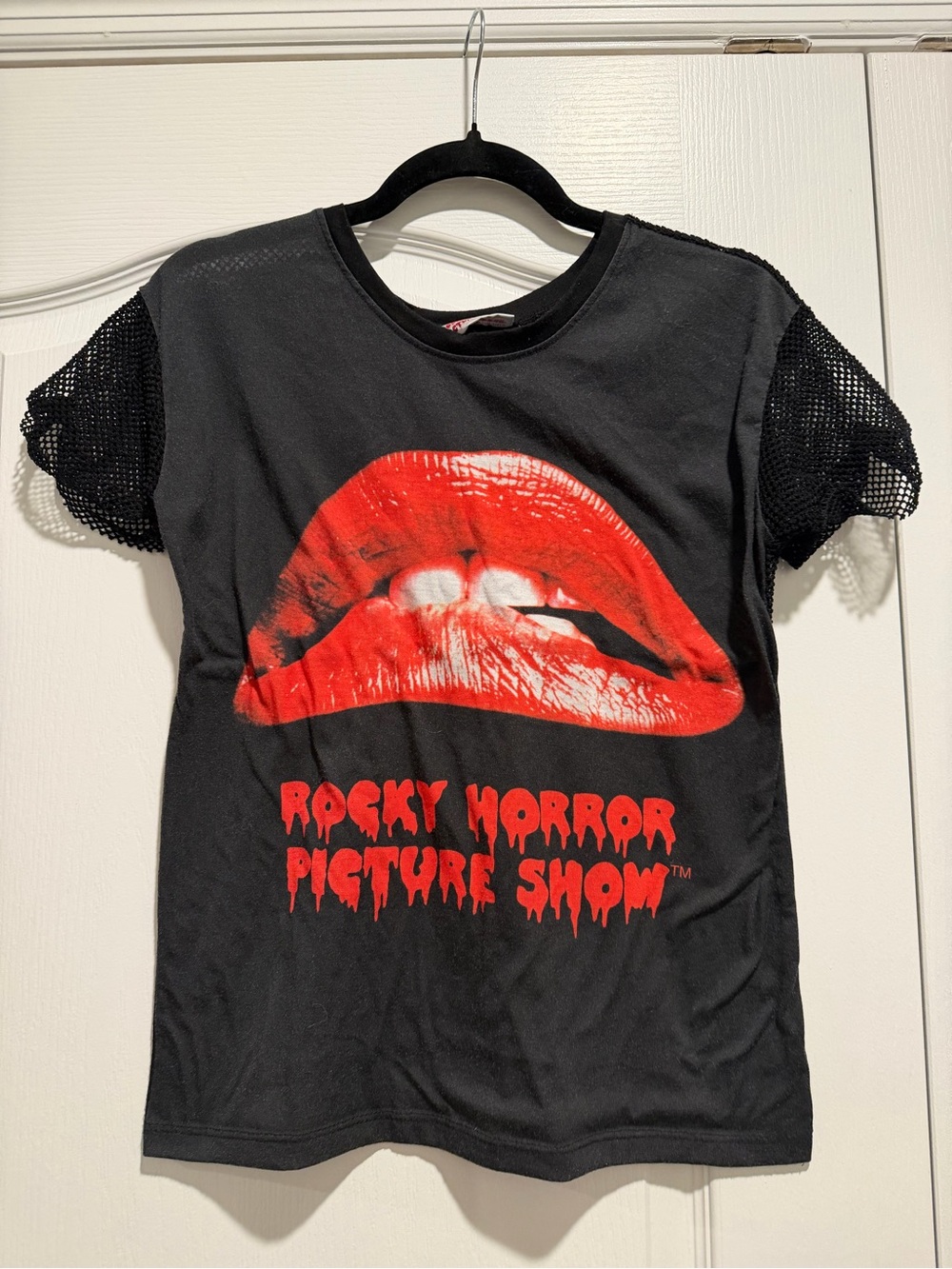 Vintage Women’s Rocky Horror Picture Show Black Tee with Mesh Back, Lip Graphic
